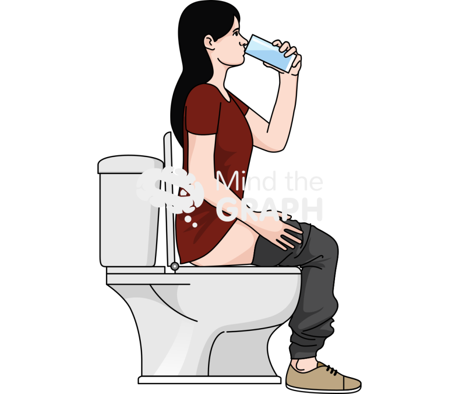 Woman seated toilet while taking glass water lateral Icons, Symbols, Pictures, and Images